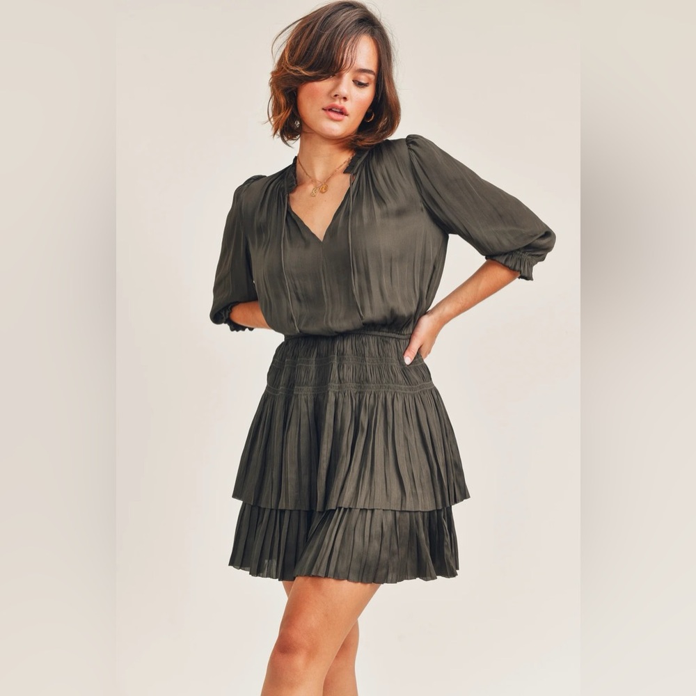 The Reset Olive Green Long-Sleeve Tiered Mini Dress